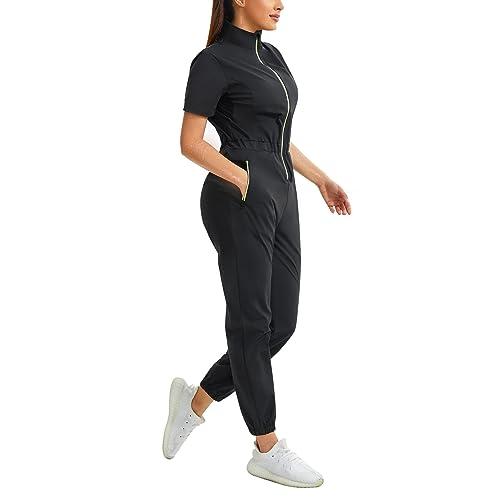 Junlan Sauna Suit for Women Sweat Jumpsuit Stand Collar Heat Trapping Shirt for Women Workout Sports(Black,3X-Large)