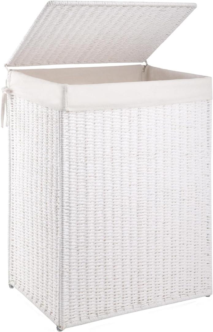 OIAHOMY Laundry Hamper with Lid, 90L(23.8 Gal) Large Wicker Laundry Basket for Bedroom, Handwoven Paper Rope Clothes Hamper with Washable Liner & Metal Frame, Decorative Organizer for Bathroom White