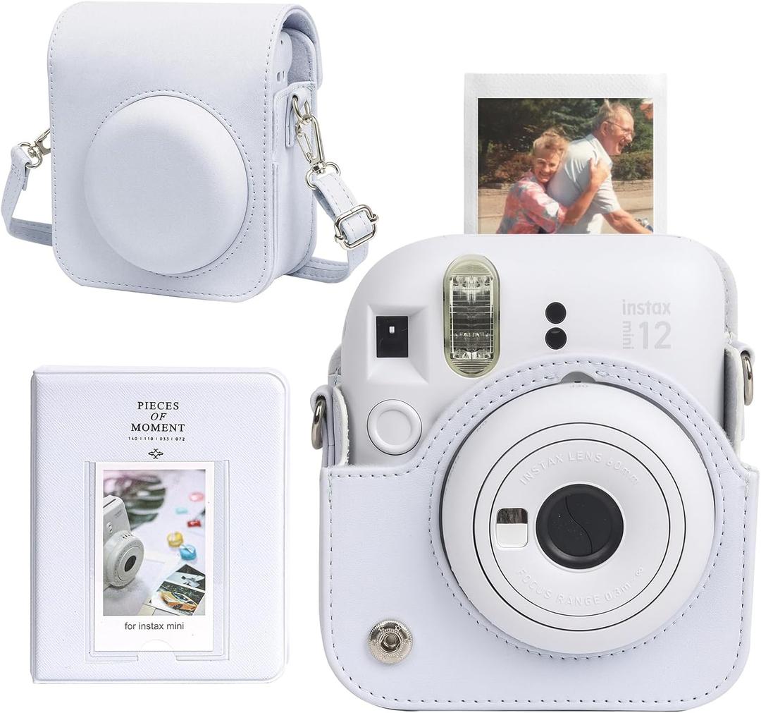 CAIYOULE Camera Case for Fujifilm Instax Mini 12 Instant Film Camera, Retro Leather Protective Camera Crossbody Bag for Fuji Mini 12 with Photo Album, Adjustable Shoulder Strap, Clay White-No Camera