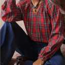 GORGLITTER Women's Plaid Shirt Long Sleeve V Neck Vintage Fall Blouses Bishop Going Out Tops (L)