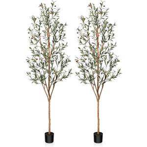Kazeila Artificial Olive Tree 7FT Tall Faux Silk Plant for Home Office Decor Indoor Fake Potted Tree with Natural Wood Trunk and Lifelike Fruits, 2 Pack
