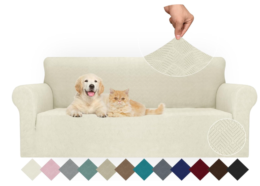 JIVINER Stretch Oversized Sofa Covers 1 Piece 4 Seater Couch Covers Jacquard Universal Sofa Slipcovers for Extra Large Furniture Protector for Kids, Pets (X Large, Beige Rhomb)