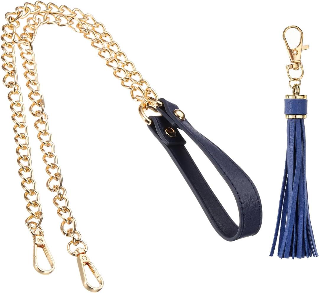 PATIKIL Purse Chain Strap, 39 Inch Leather Chain Straps Purse Strap Replacement Flat Chain Strap with Tassel for Crossbody Bag Handbag Woman, Blue/Gold