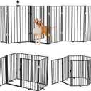 Metal Freestanding Dog Gate Outdoor-6 Panels with Door, Extra Wide Foldable Pet Fence with Pet Monitor Adapter, 32'' Height Tall Dog Gate for Doorways, Stairs, Hallways, Yard, Indoor