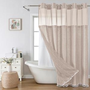 eachope Boho Farmhouse No Hook Shower Curtain Set with Snap-in Fabric Liner, Heavy-Duty Linen Textured Rustic Striped Design, Water-Repellent with Tassels and Sheer Window, Tan/ Taupe, 71x74