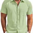Runcati Mens Button Down Linen Shirt Short Sleeve Summer Beach Wedding Tops (Green, M)