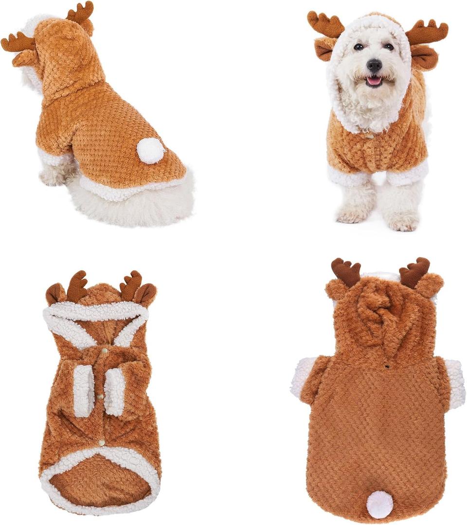 Yoption Reindeer Dog Costume, Christmas Elk Deer Pet Winter Warm Coat Coat Clothes Hoodie Outfit Apparel for Puppy Cat (L) (L-Chest Girth: 19.3", Neck Girt: 14.6")