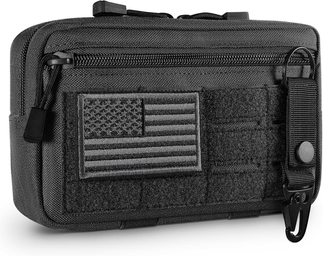 Tactical Molle Admin Pouch Utility Laser Cut EDC Tool Pouch Bag Horizontal Modular Pouches Include US Flag Patch and Keychain (Black)