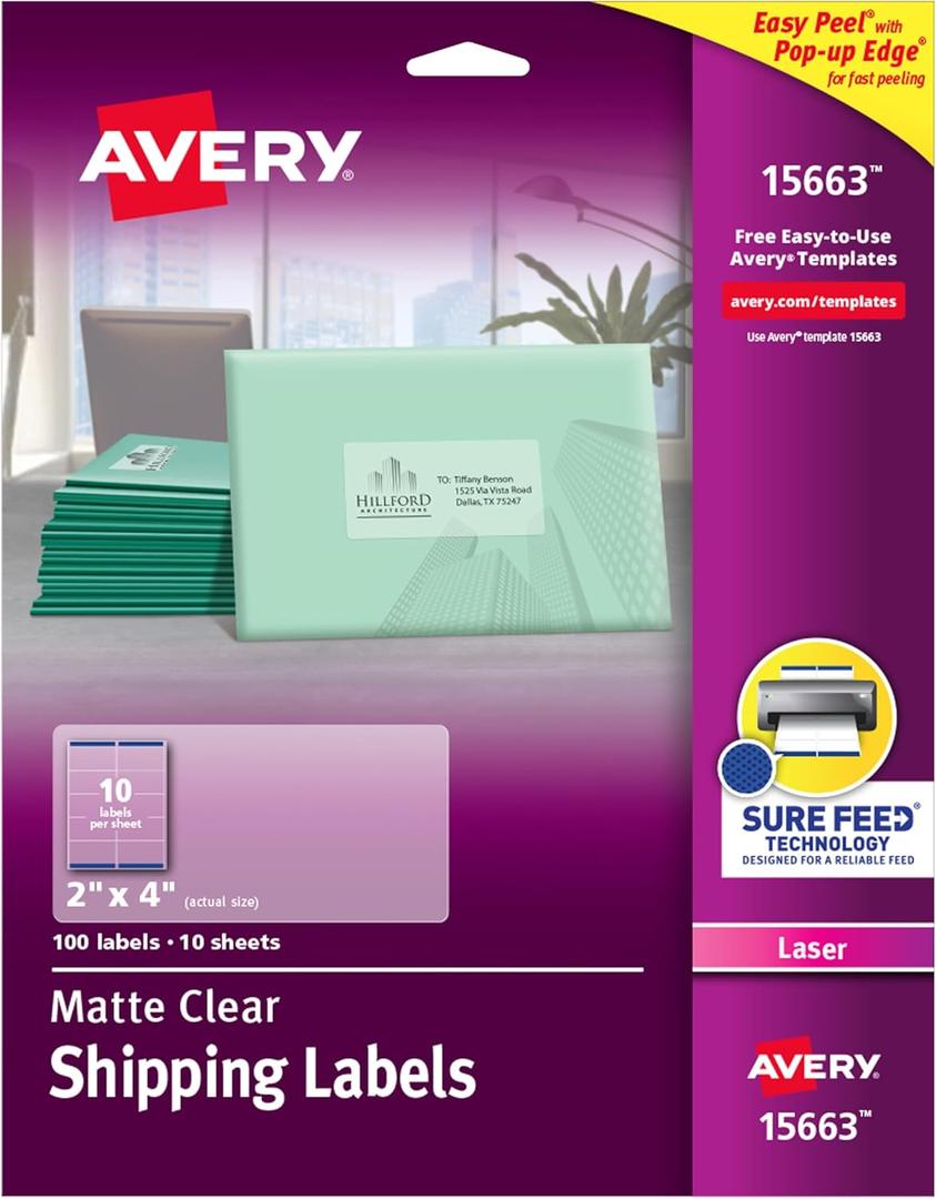Avery Printable Shipping Labels with Sure Feed, 2" x 4", Matte Clear, 100 Blank Mailing Labels (15663) (2 in. X 4 in.)