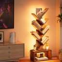 Evermagin 6 Tier Tree Bookshelf with Lights, LED Book Tree Bookcase with Storage Organizer, Small Corner Bookshelf Floor Standing Book Shelf for Living Room, Bedroom & Home Office, Rustic Brown