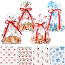 Meanplan 50 Pcs Christmas Cellophane Cookie Tray Bags with Red Ribbon Santa Claus Deer Cookie Treat Bags Snowman Snowflakes Patterns for Xmas Holiday Party Favors Supplies