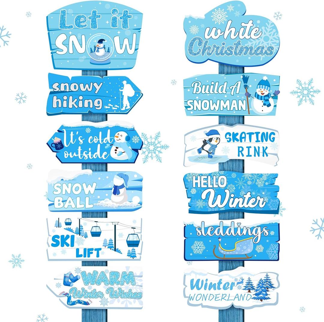 24 Pieces Winter Wonderland Christmas Decorations Let It Snow Yard Sign Blue Winter Frozen Party Directional Sign for Kids Christmas Party Porch Yard Decorations Winter Holiday Party Supplies