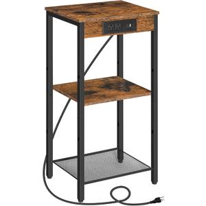 HOOBRO Tall End Table with Charging Station, 30 Inch Slim Tall Nightstand, 3-Tier Narrow Side Table with Adjustable Shelf, for Living Room, Bedroom, Small Space, Hallway, Rustic Brown BF09UDH01G1
