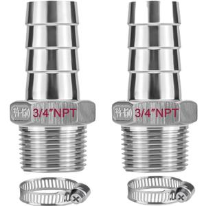 2 PACK 304 Stainless Steel 3/4" Barb x 3/4" NPT Male Thread Fitting, Lead-Free Heavy Duty Connector with Hose Clamps for Air Water Oil Hose Pipe