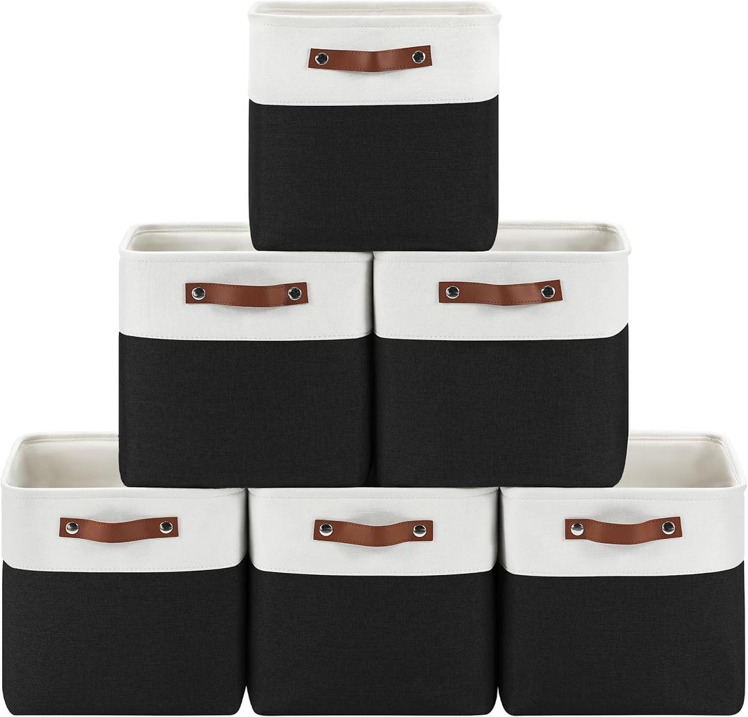 Patvingot 6-Pack Foldable Fabric Storage Cubes 11x11 Inch, Sturdy Cube Organizer Bins with Leather Handles, Storage Baskets for Closet Shelves and Home Organization(White/Black)