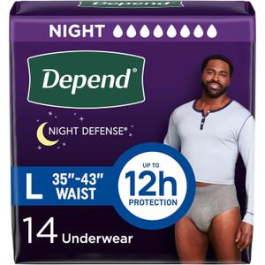 Depend Night Defense Adult Diapers, Incontinence Underwear for Men, Disposable, Overnight, Large, Grey, 14 Count