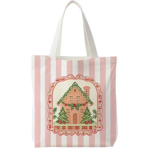 KEUSPI Christmas Tree Gingerbread House Tote Bag for Women, Preppy Christmas Canvas Tote Bag, Pink and White Striped Xmas Ginger Bread Reusable Shopping Grocery Bags