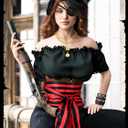 Fourluoo 31 Pieces Pirate Costume Women Rave Accessories Pirate Hat Head Scarf Sash Belt Necklace Earrings for Cosplay Party (Red)