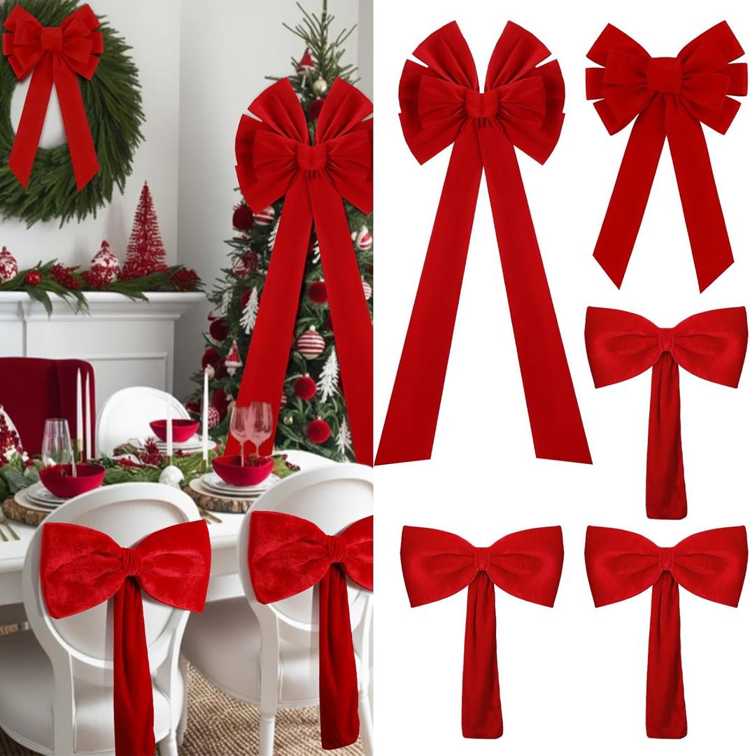 Janinka 6 Pcs Christmas Red Velvet Bows Decoration Set Include 1 Large Red Bow Tree Topper, 1 Small Wreath Bow and 4 Velvet Chair Bows Sashes Holiday Decor for Christmas Tree, Wreaths, Dining Chairs