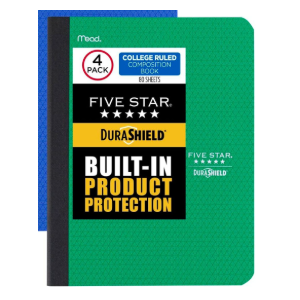 Five Star Composition Books + Study App, 3 Pack, College Ruled Paper, 9-3/4" x 7-1/2", 80 Sheets, Anti-Microbial, Green  (850070A-ECM)