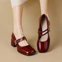 Stunner Women's Chunky Low Block Heels Dress Pumps Comfortable Closed Square Toe Mary Jane Pumps Wine Red 41(8.5)