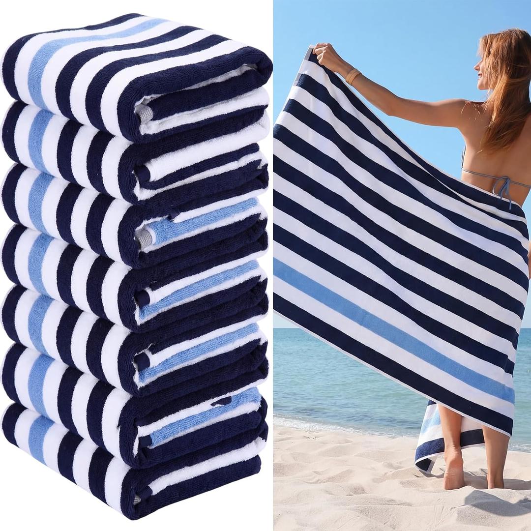 EBOOT 7 Pieces 100% Cotton Pool Beach Towels 30 x 70 Inch Cabana Stripe Oversized Basics Turkish Pool Bath for Hotel Swimming Bathroom(Navy & Sky Blue Stripe)