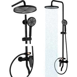 Matte Black Outdoor Shower Fixture, 3 Functions Handle Tub Rainfall Shower Faucet Sets with Dial Thermometer Brass Valve, Shower Fixture with 10'' Rainfull Shower Head Adjustable Exposed Shower System