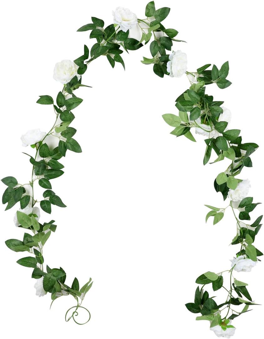 Duovlo 8.2Ft Artificial Peony Flower Garland Hanging Greenery Vine Silk Floral Vine Home Wedding Arch Wall Craft Arrangement Decorations,Pack of 2 (White)
