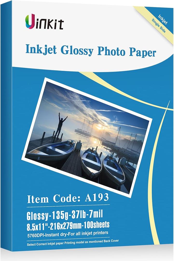 Uinkit 37lb Thin Flyer Paper Glossy 8.5x11 Inkjet 100 Sheets Single Side DIY Chip Bag 135gsm Photos Picture for Inkjet Printer with Dye Ink Letter size A4 Brochure (8.5X11X100)