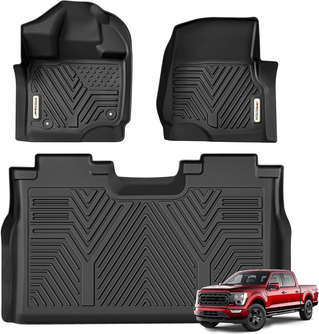 YITAMOTOR Floor Mats Fit for Ford F-150/F150 Lightning SuperCrew Cab 2025-2015(Rear w/o U-Seat Flat Storage),TPE All Weather F150 Truck mats, 1st & 2nd Row