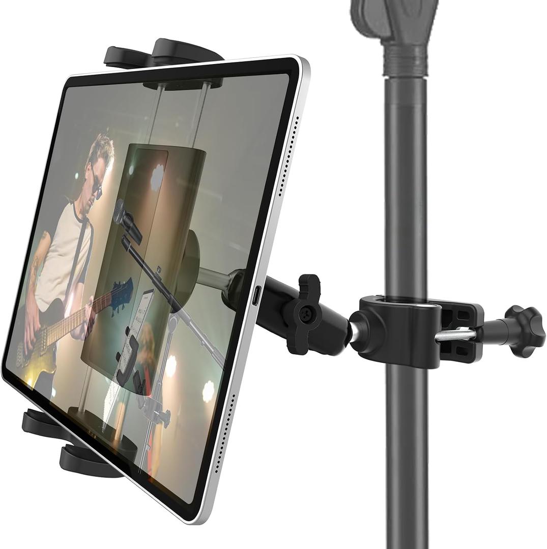 Aluminum Tablet Holder for Microphone Stand/Mic Music Mount Stand [Without Slipping] 360 Rotation Adjustable iPad iPhone Holder Mount for Microphone with Clamp, Fits 4''13" Tablets & Smartphones