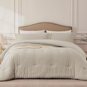 Quataly Oatmeal Queen Comforter Set - 3 Pieces Seersucker Lightweight Bedding Comforter Sets (1 Soft Fluffy Comforter & 2 Pillowcases) - All Seasons Cozy Modern Bed Sets