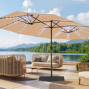 SUPERJARE 15ft Large Patio Umbrella with Base included, Double Sided Outdoor Umbrella with Solar Lights, Pool Umbrella with Fade Resistant Canopy for Deck, Porch, Yard, Balcony, Beige