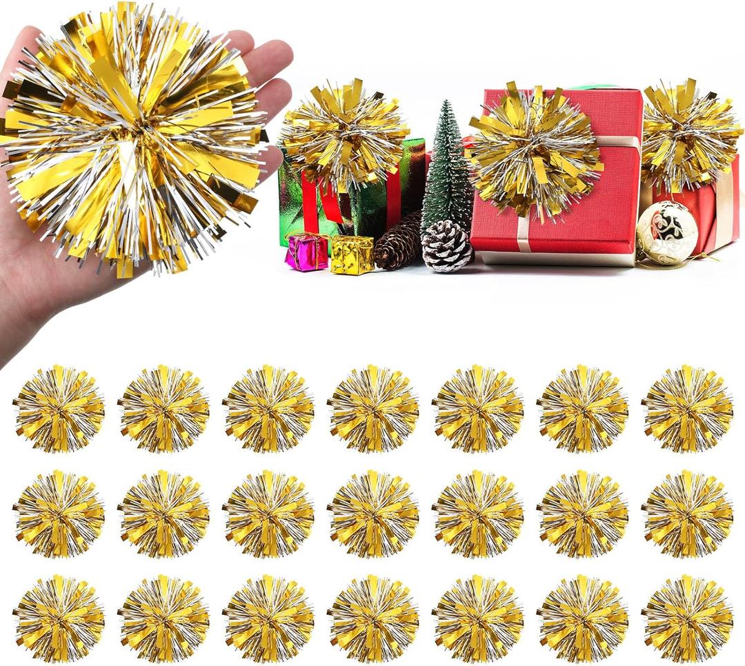 24 Pcs Christmas Tinsel Bows for Gift Wrapping 4 Inch Self Adhesive Christmas Gift Bows Toppers for Xmas Birthday Party Presents Decorations Holiday Gift Accessory(Gold)