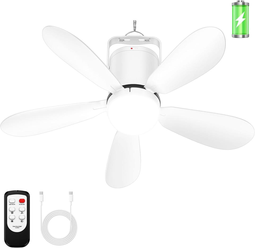 21 Battery Operated Ceiling Fan Light, Portable Ceiling Fan with Remote, Wireless Rechargeable Gazebo Fan Light for Outdoor, for Tent Porch Patio Camping Canopy Chicken Coop Outside