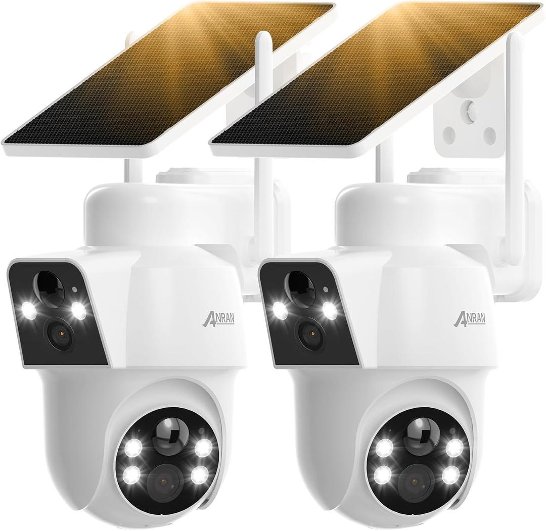 ANRAN 2 Pack Dual-Lens Solar Security Camera Wireless Outdoor - 3MP Fixed Wide-Angle + PTZ 360 View, Home Security Camera with Color Night Vision, 2-Way Talk, PIR Motion Detection, 100% Wire-Free