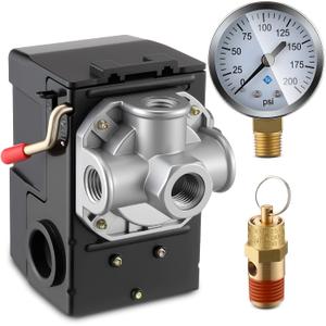 Dreyoo Air Compressor Pressure Switch 90-120 4-Port 20 Amp with 0-200 PSI Gauge and 200 PSI Safety Relief Valve, 1/4" NPT Replacement Pressure Switch Parts for Air Compressor