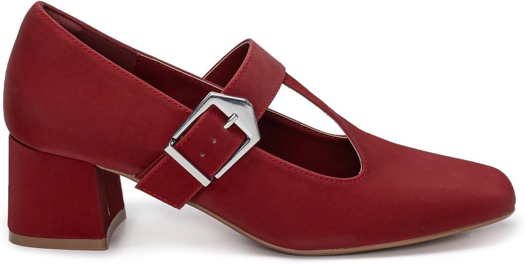 T-Strap Mary Jane Pumps Square Closed Toe Block Chunky Heels Work Wedding Party Ladies Shoes, Red, Size 9