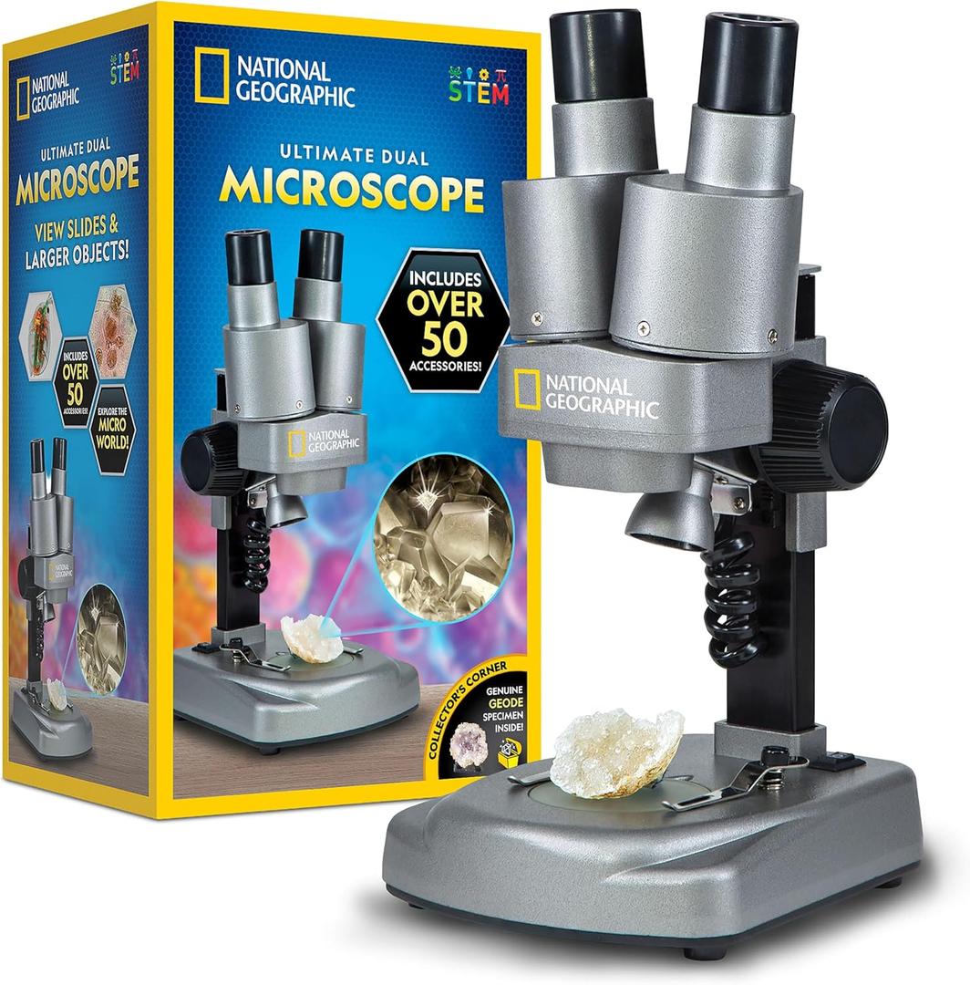 National Geographic Dual LED Kids Microscope - 50+ pc Science Kit with 10 Prepared Slides & 10 DIY Blank Slides, Biology Experiment Activity, Microscope Kit for Kids 8-12 