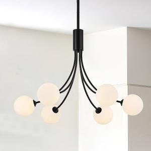 Modern Mid Century Black Chandeliers, 6-Light White Globe Glass Shade Chandeliers Hanging Sputnik Chandelier Light Fixtures for Living Room Kitchen Island Bedroom Foyer