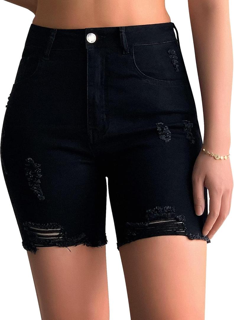 roswear Womens Casual Summer Ripped High Waisted Shorts Stretch Distressed Frayed Raw Hem Jean Shorts (Medium, Black)