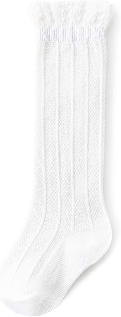 American Trends Baby Knee High Socks Tube Long Stockings for Girls Boys Newborn Infants Toddlers Ruffled Uniform Socks White 0-6 Months, White