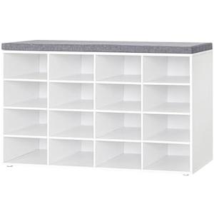 DINZI LVJ Shoe Storage Bench with Cushion, 16-Cubby Shoe Rack, Adjustable Shelves, Multifunctional Shoe Organizer Bench for Entryway, Mudroom, Hallway, Living Room, Bedroom and Garage, White