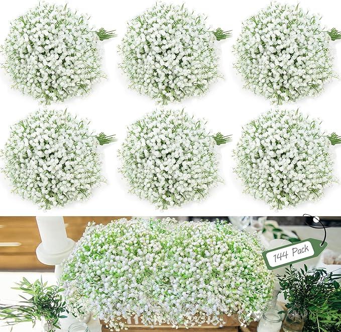 144Pcs Babys Breath Artificial Flowers for Outdoors, White Faux Baby Breath Flowers Artificial Bulk, Fake Babies Breath Flores Gypsophila for Wedding Bouquet Home Arrangements Garden Decor