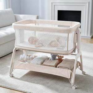 GROWNSY 5-in-1 Bassinet Bedside Sleeper with Gentle Rocking Mode, 6 Adjustable Heights, Full Breathable Mesh, Convertible to Portable Crib, Bassinets with Supportive Mattress & Wheels, Cream, Standard