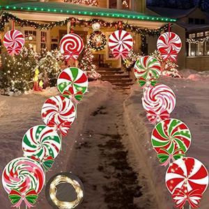 12 PCS Christmas Outdoor Yard Signs Candy Decorations Outdoor Peppermint LED Lights Xmas Yard Stakes Hanging Ornaments Holiday Garden Sign Cardboard Signs for Party Porch Lawn Walkway Decor