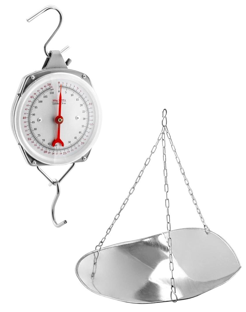 QWORK 110 lbs Large Display Spring Dial Weight Scale & Scale Scoop/Chain with Hanging Cradle, Steel Construction, for Shopping, Traveling, Kitchen, Silver