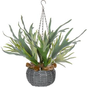 Hollyone Artificial Staghorn Fern Hanging Plants, Fake Boston Fern Hanging Plant in Persian Rattan Pot Faux Fern Plant Potted Hanging Plant for Indoor Outdoor Home Wall Room Garden Decor