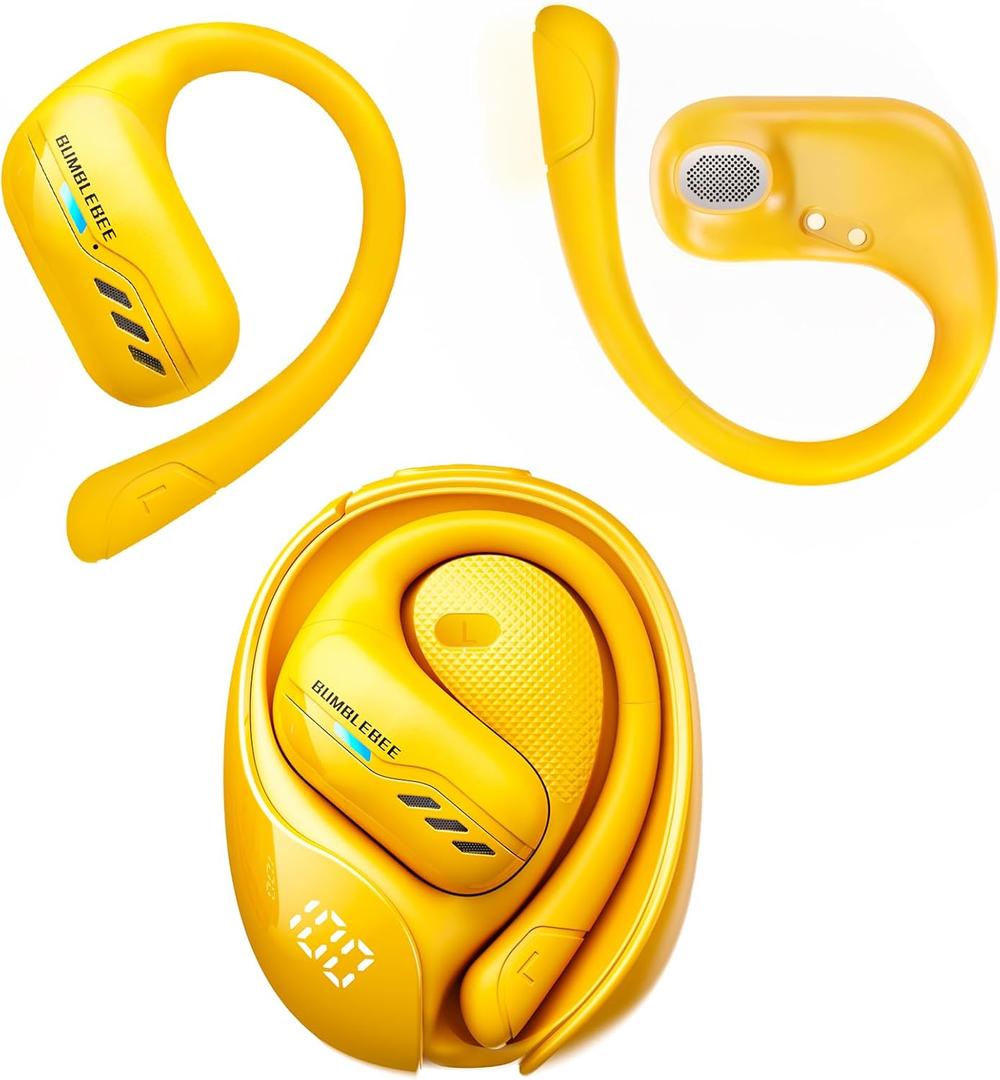 Transformers Open Ear Wireless Headphones Bluetooth 5.4 for Running & Workouts, Over The Ear Earbuds with IPX5 Waterproof Ear Hooks, Surround Sound, LED Display & Lanyard (Yellow - Bumblebee)