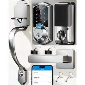 Veise VE07-H Fingerprint Smart Locks for Front Door with Handle Set, App Control, Keyless Entry Keypad Deadbolt, Digital Electronic Touchscreen, Easy Install, Auto Lock, Satin Nickel